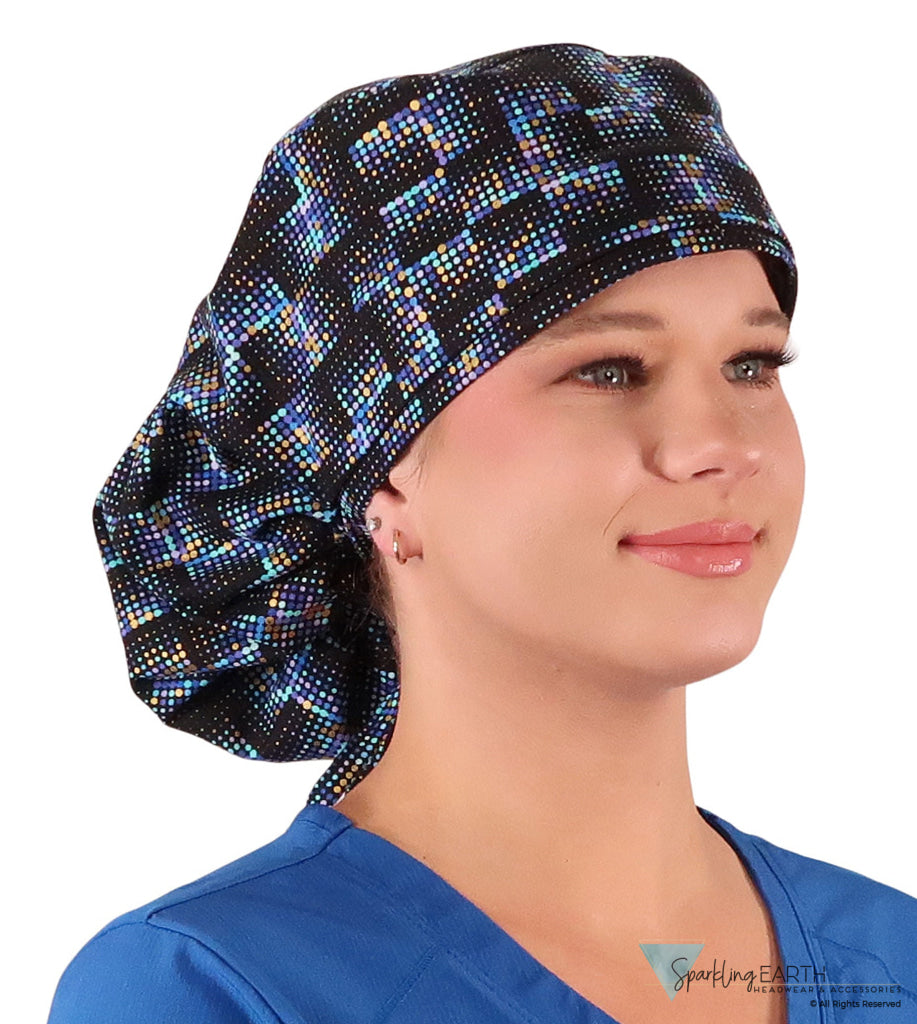 Big Hair Ponytail Surgical Scrub Cap - Scrub Cap for Long Hair - Gold Metallic Chromadots Big Hair Surgical Scrub Caps