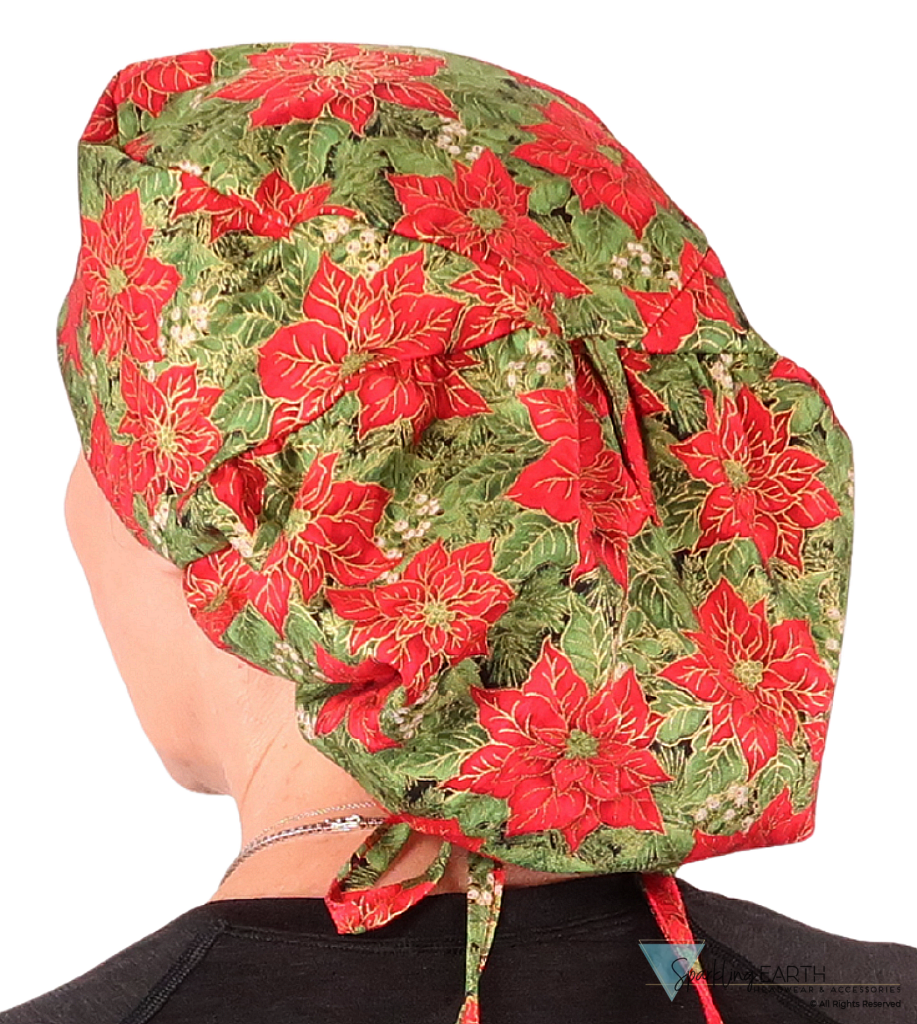 Big Hair Ponytail Surgical Scrub Cap - Scrub Cap for Long Hair - Golden Metallic Poinsettias Big Hair Ponytail Surgical