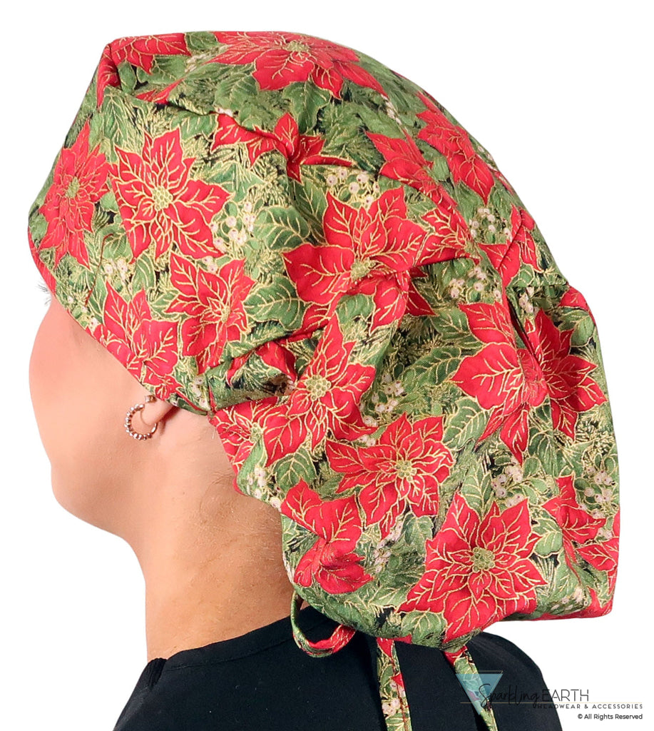 Big Hair Ponytail Surgical Scrub Cap - Scrub Cap for Long Hair - Golden Metallic Poinsettias Big Hair Ponytail Surgical