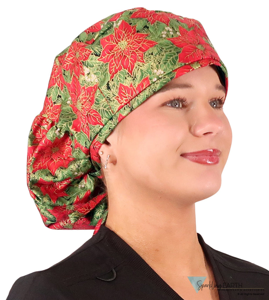 Big Hair Ponytail Surgical Scrub Cap - Scrub Cap for Long Hair - Golden Metallic Poinsettias Big Hair Ponytail Surgical