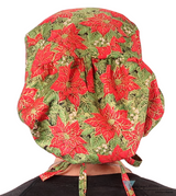 Big Hair Ponytail Surgical Scrub Cap - Scrub Cap for Long Hair - Golden Metallic Poinsettias