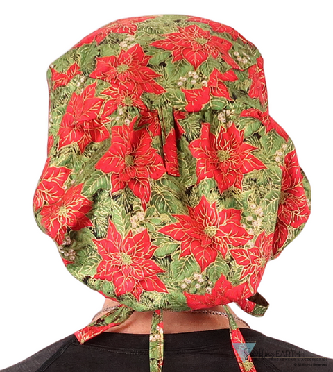 Big Hair Ponytail Surgical Scrub Cap - Scrub Cap for Long Hair - Golden Metallic Poinsettias