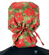 Big Hair Ponytail Surgical Scrub Cap - Scrub Cap for Long Hair - Golden Metallic Poinsettias