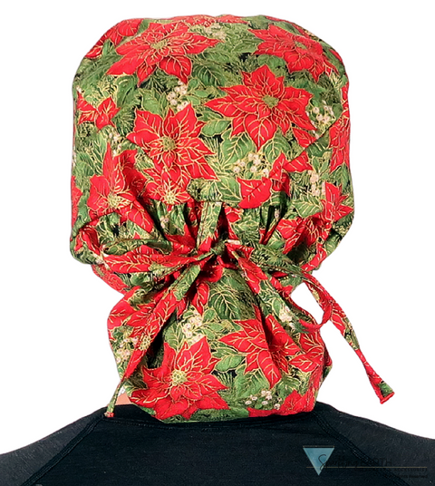 Big Hair Ponytail Surgical Scrub Cap - Scrub Cap for Long Hair - Golden Metallic Poinsettias