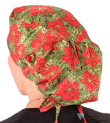 Big Hair Ponytail Surgical Scrub Cap - Scrub Cap for Long Hair - Golden Metallic Poinsettias