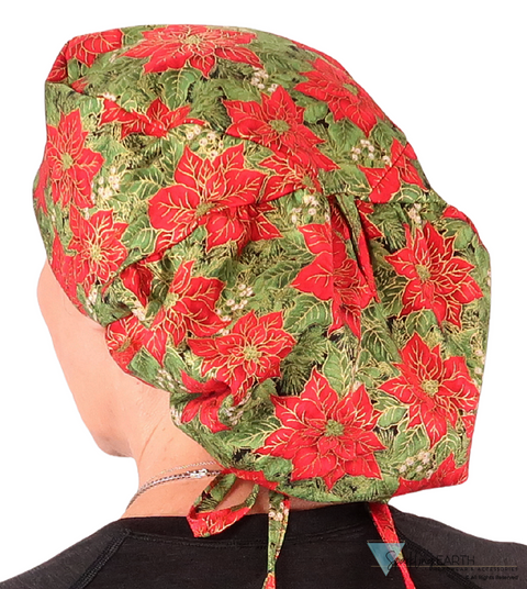 Big Hair Ponytail Surgical Scrub Cap - Scrub Cap for Long Hair - Golden Metallic Poinsettias