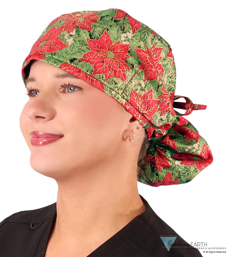 Big Hair Ponytail Surgical Scrub Cap - Scrub Cap for Long Hair - Golden Metallic Poinsettias Big Hair Ponytail Surgical