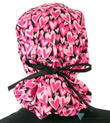 Big Hair Ponytail Surgical Scrub Cap - Scrub Cap for Long Hair - Hearts Forever with Black Ties Big Hair Surgical Scrub