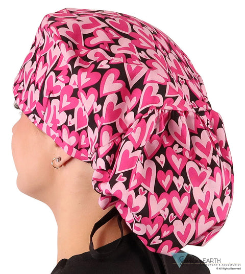Big Hair Ponytail Surgical Scrub Cap - Scrub Cap for Long Hair - Hearts Forever with Black Ties Big Hair Surgical Scrub