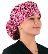 Big Hair Ponytail Surgical Scrub Cap - Scrub Cap for Long Hair - Hearts Forever with Black Ties Big Hair Surgical Scrub