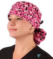 Big Hair Ponytail Surgical Scrub Cap - Scrub Cap for Long Hair - Hearts Forever with Black Ties Big Hair Surgical Scrub