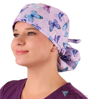 Big Hair Ponytail Surgical Scrub Cap - Scrub Cap for Long Hair - Lavender Butterfly Whimsy Big Hair Surgical Scrub Caps