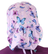 Big Hair Ponytail Surgical Scrub Cap - Scrub Cap for Long Hair - Lavender Butterfly Whimsy Big Hair Surgical Scrub Caps