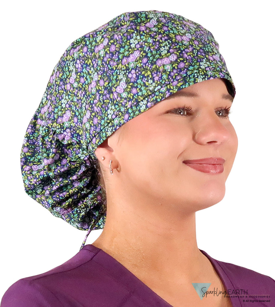 Big Hair Ponytail Surgical Scrub Cap - Scrub Cap for Long Hair - Lovely Lavender Flowers Big Hair Ponytail Surgical