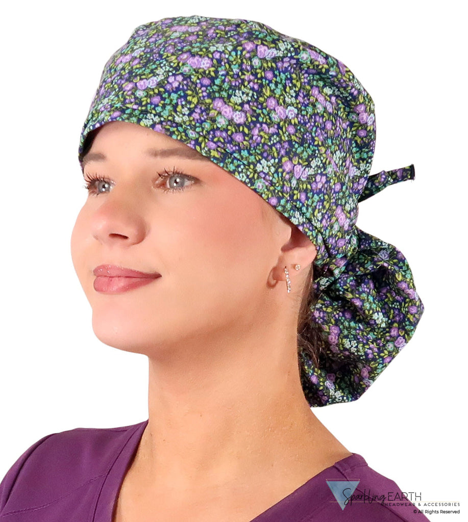 Big Hair Ponytail Surgical Scrub Cap - Scrub Cap for Long Hair - Lovely Lavender Flowers Big Hair Ponytail Surgical