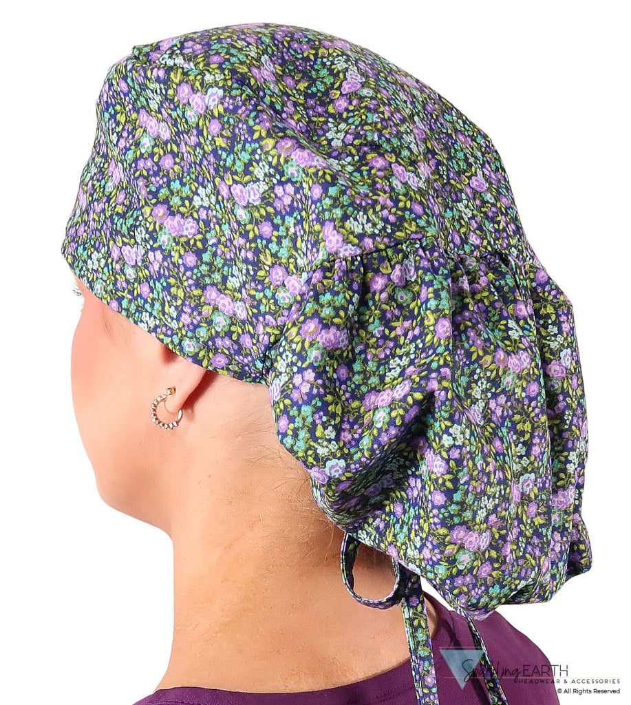 Big Hair Ponytail Surgical Scrub Cap - Scrub Cap for Long Hair - Lovely Lavender Flowers Big Hair Ponytail Surgical