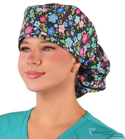 Big Hair Ponytail Surgical Scrub Cap - Scrub Cap for Long Hair - Precious Posies Big Hair Surgical Scrub Caps