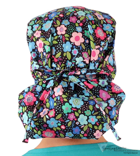 Big Hair Ponytail Surgical Scrub Cap - Scrub Cap for Long Hair - Precious Posies Big Hair Surgical Scrub Caps