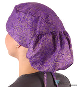 Big Hair Ponytail Surgical Scrub Cap - Scrub Cap for Long Hair - Spectacular Gold Swirls on Purple Big Hair Surgical
