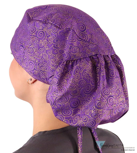 Big Hair Ponytail Surgical Scrub Cap - Scrub Cap for Long Hair - Spectacular Gold Swirls on Purple Big Hair Surgical