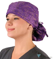 Big Hair Ponytail Surgical Scrub Cap - Scrub Cap for Long Hair - Spectacular Gold Swirls on Purple Big Hair Surgical
