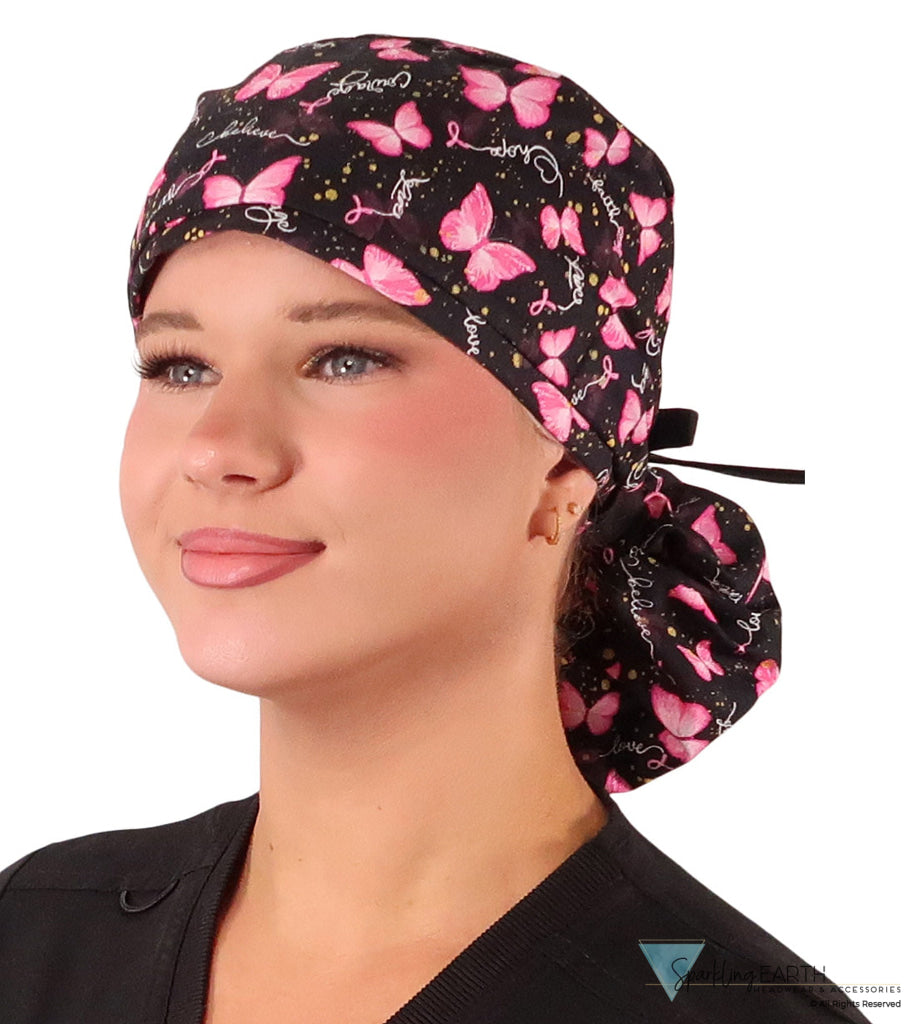 Big Hair Ponytail Surgical Scrub Cap - Scrub Cap for Long Hair - Wings of Hope with Black Ties Big Hair Surgical Scrub