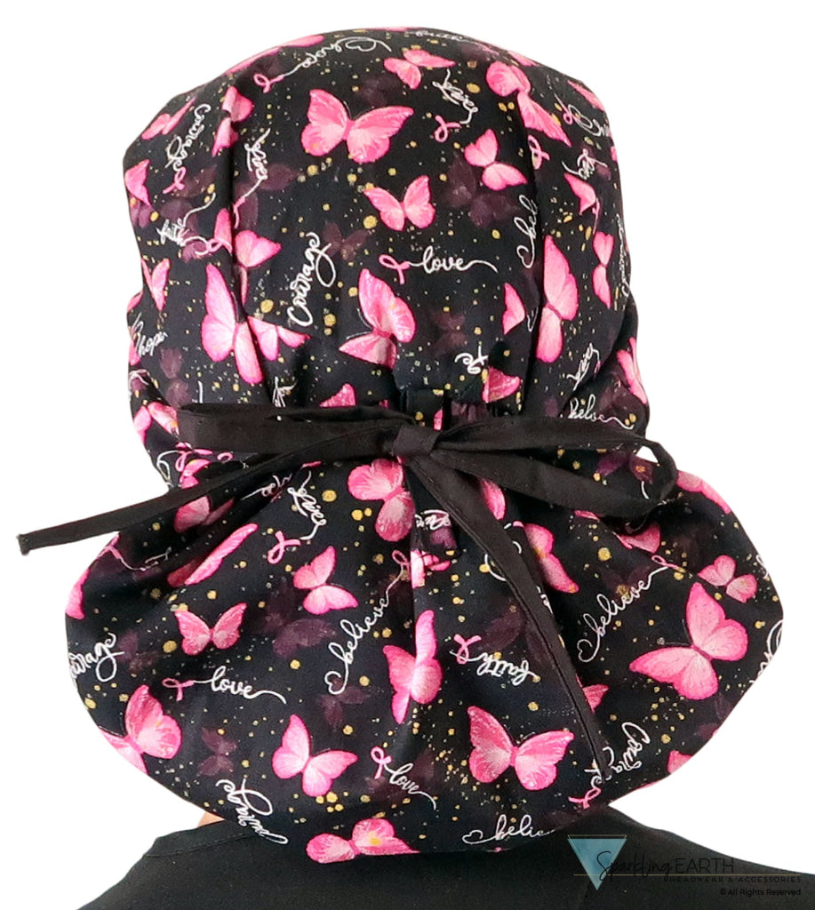 Big Hair Ponytail Surgical Scrub Cap - Scrub Cap for Long Hair - Wings of Hope with Black Ties Big Hair Surgical Scrub
