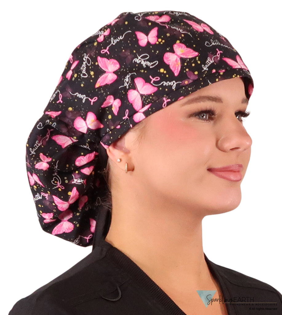Big Hair Ponytail Surgical Scrub Cap - Scrub Cap for Long Hair - Wings of Hope with Black Ties Big Hair Surgical Scrub