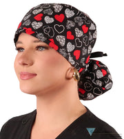 Big Hair Ponytail Surgical Scrub Cap - Heartwarming Hearts with Black Ties Big Hair Surgical Scrub Caps