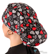 Big Hair Ponytail Surgical Scrub Cap - Heartwarming Hearts with Black Ties Big Hair Surgical Scrub Caps