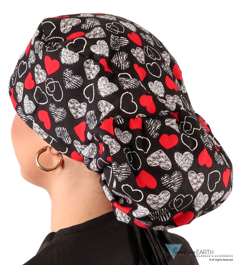Big Hair Ponytail Surgical Scrub Cap - Heartwarming Hearts with Black Ties Big Hair Surgical Scrub Caps