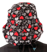 Big Hair Ponytail Surgical Scrub Cap - Heartwarming Hearts with Black Ties Big Hair Surgical Scrub Caps