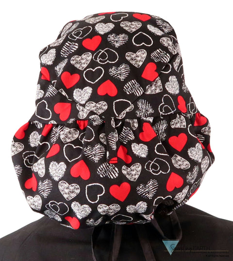 Big Hair Ponytail Surgical Scrub Cap - Heartwarming Hearts with Black Ties Big Hair Surgical Scrub Caps