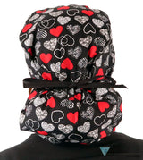 Big Hair Ponytail Surgical Scrub Cap - Heartwarming Hearts with Black Ties Big Hair Surgical Scrub Caps