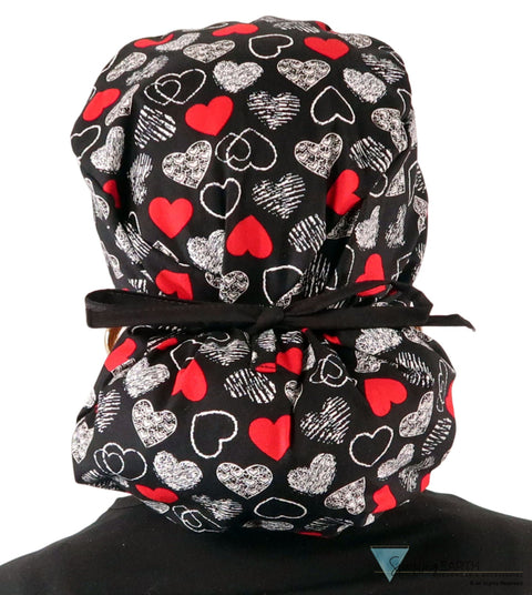 Big Hair Ponytail Surgical Scrub Cap - Heartwarming Hearts with Black Ties Big Hair Surgical Scrub Caps
