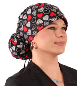 Big Hair Ponytail Surgical Scrub Cap - Heartwarming Hearts with Black Ties Big Hair Surgical Scrub Caps