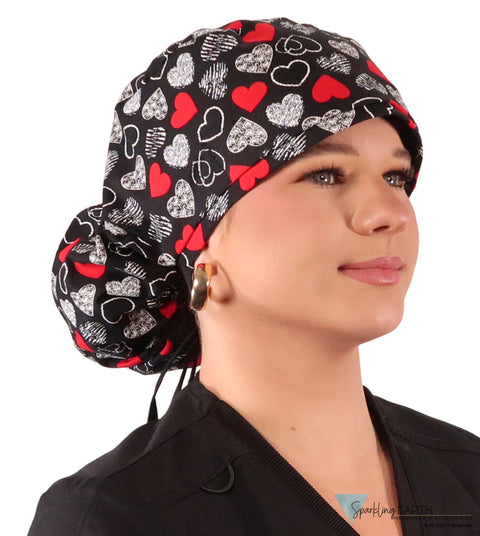 Big Hair Ponytail Surgical Scrub Cap - Heartwarming Hearts with Black Ties Big Hair Surgical Scrub Caps