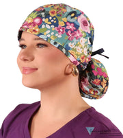 Big Hair Ponytail Surgical Scrub Cap - Morning Meadow with Navy Ties Big Hair Surgical Scrub Caps