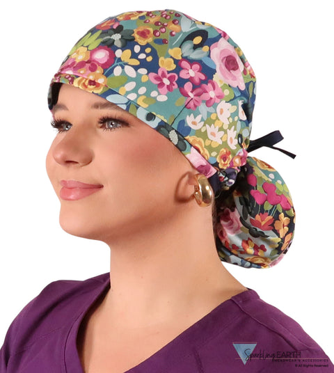 Big Hair Ponytail Surgical Scrub Cap - Morning Meadow with Navy Ties Big Hair Surgical Scrub Caps