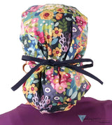 Big Hair Ponytail Surgical Scrub Cap - Morning Meadow with Navy Ties Big Hair Surgical Scrub Caps