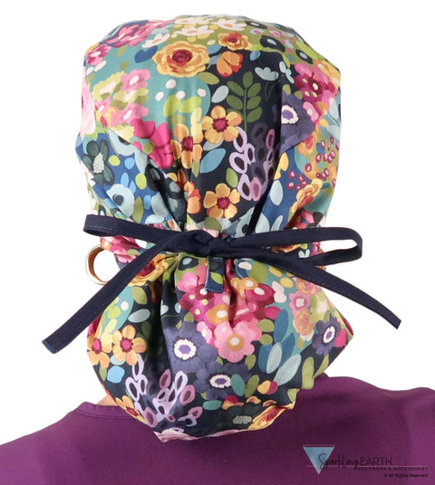 Big Hair Ponytail Surgical Scrub Cap - Morning Meadow with Navy Ties Big Hair Surgical Scrub Caps