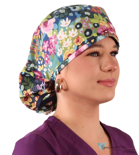 Big Hair Ponytail Surgical Scrub Cap - Morning Meadow with Navy Ties Big Hair Surgical Scrub Caps