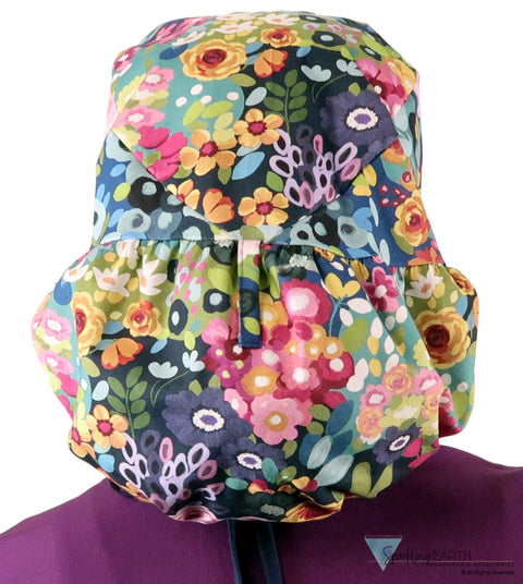 Big Hair Ponytail Surgical Scrub Cap - Morning Meadow with Navy Ties Big Hair Surgical Scrub Caps
