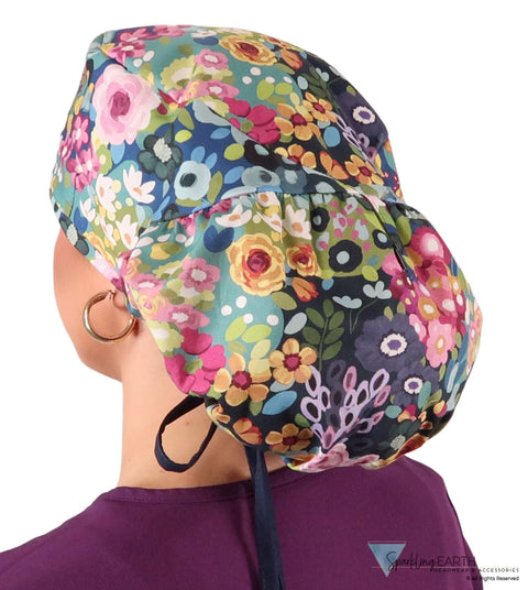 Big Hair Ponytail Surgical Scrub Cap - Morning Meadow with Navy Ties Big Hair Surgical Scrub Caps