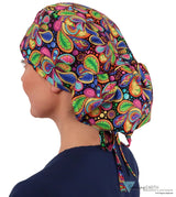 Big Hair Ponytail Surgical Scrub Cap - Perfect Scrub Cap for Long Hair - Bright Flower Paisley Big Hair Surgical Scrub