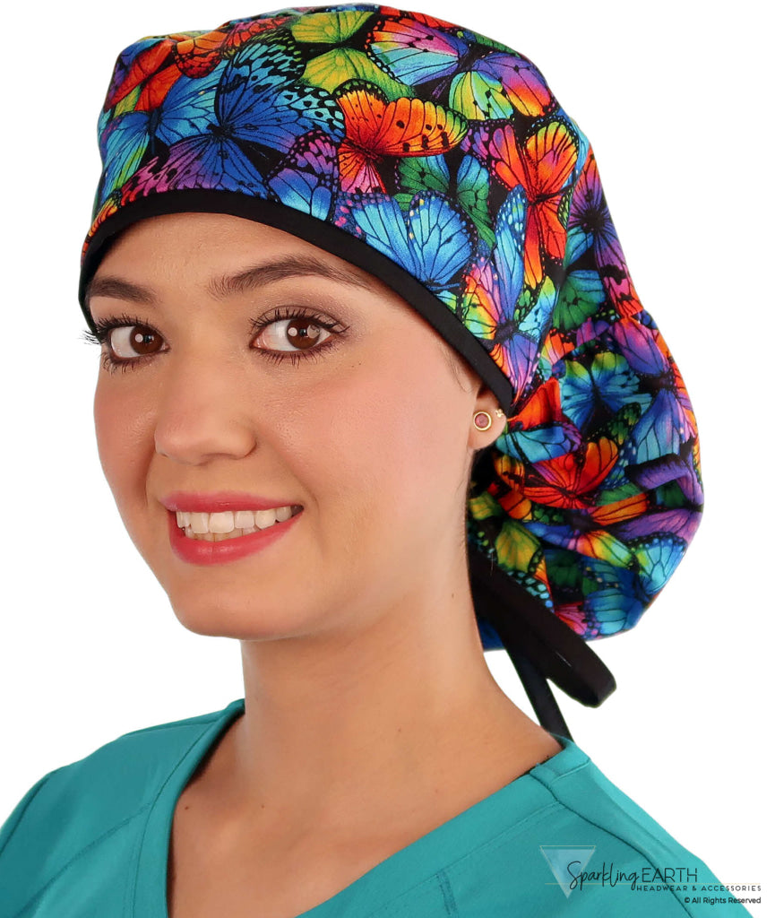 Big Hair Ponytail Surgical Scrub Cap - Perfect Scrub Cap for Long Hair - Butterfly Me Away with Black Ties Big Hair