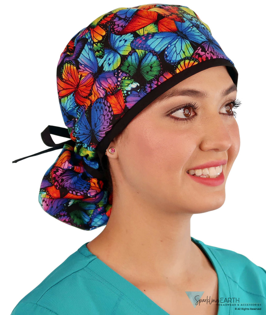 Big Hair Surgical Scrub Cap - Butterfly Me Away with Black Ties - Big Hair Surgical Scrub Caps - Sparkling EARTH