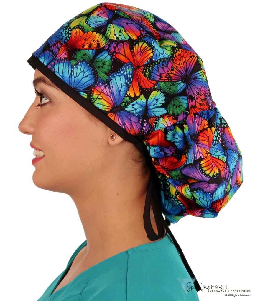 Big Hair Ponytail Surgical Scrub Cap - Perfect Scrub Cap for Long Hair - Butterfly Me Away with Black Ties Big Hair