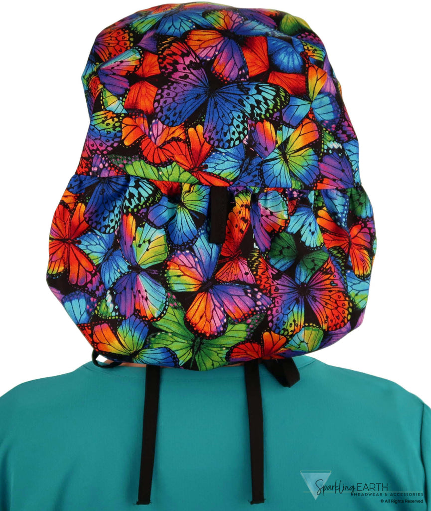 Big Hair Ponytail Surgical Scrub Cap - Perfect Scrub Cap for Long Hair - Butterfly Me Away with Black Ties Big Hair
