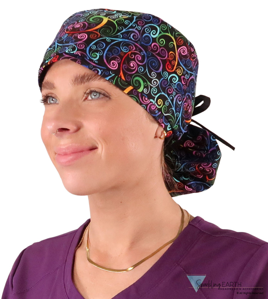 Big Hair Ponytail Surgical Scrub Cap - Ethereal Kaleidoscope with Black Ties - Big Hair Surgical Scrub Caps - Sparkling EARTH